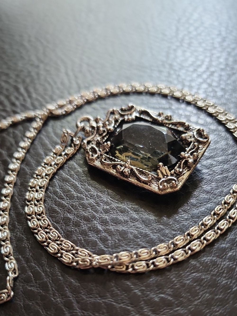 Vintage Silver Filigree Necklace with Smoky Gem